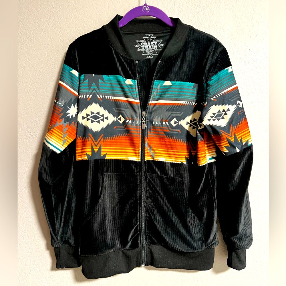 Women’s Crazy Train Velour & Aztec print Bomber style jacket size XS